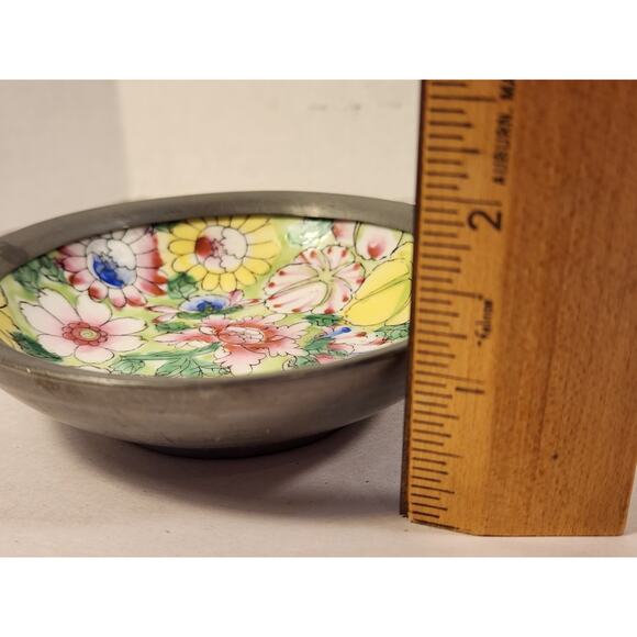 Vintage Japanese Porcelain Ware Pewter Encased Trinket Dish/Bowl 4” - Picture 7 of 7